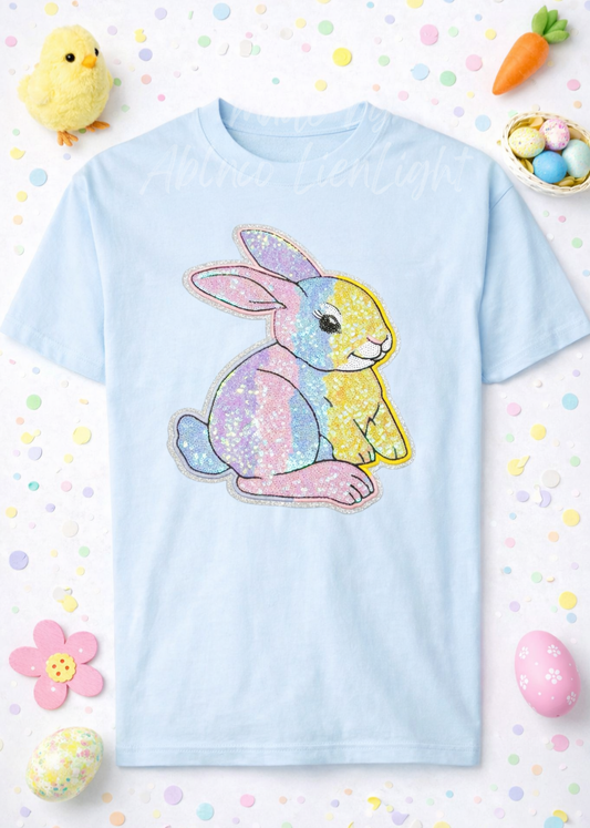 Pastel Ombre Bunny Easter Sequin Patch Tshirt