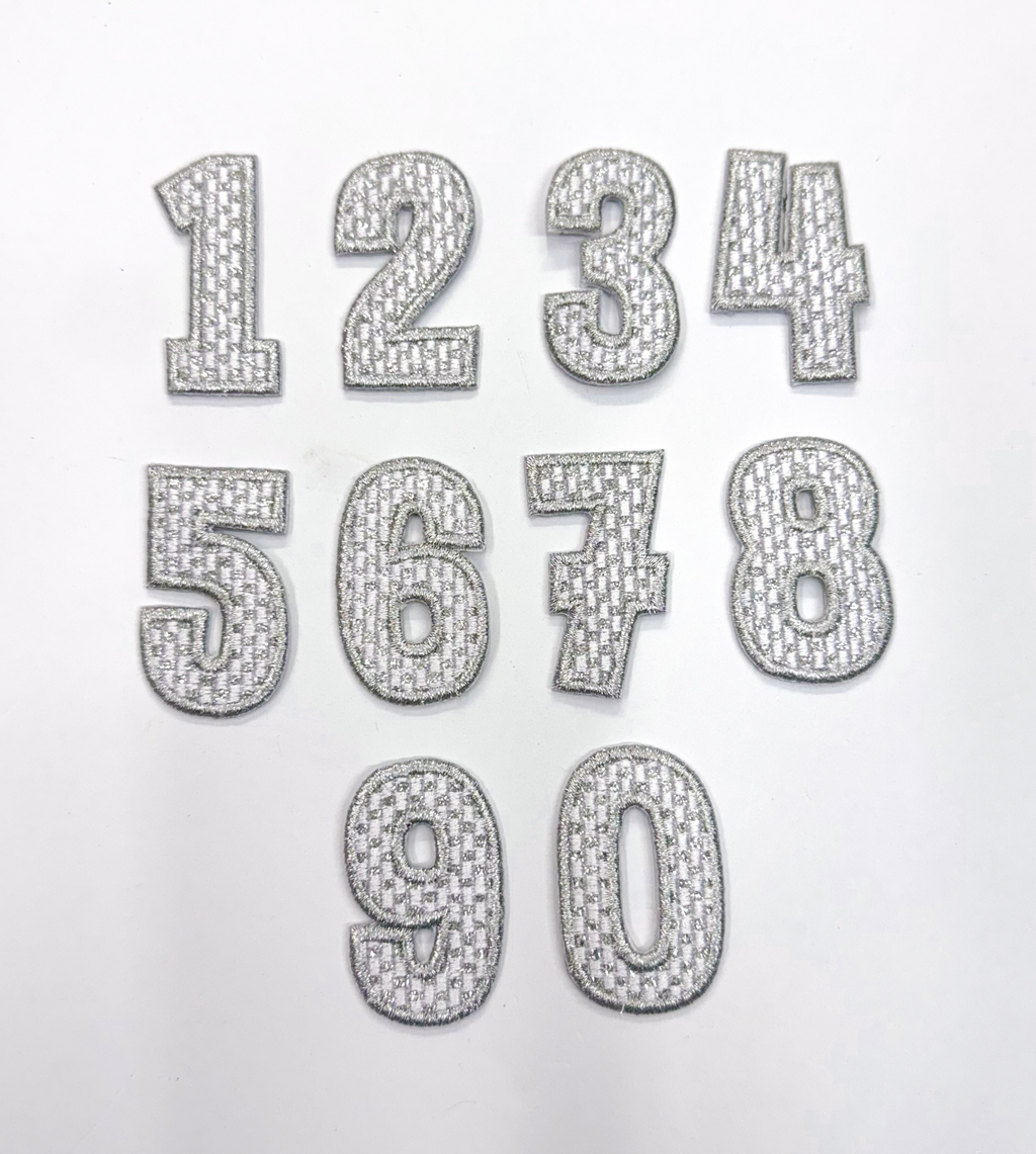 2” Silver Checkered Numbers Glitter Embroidery Patch