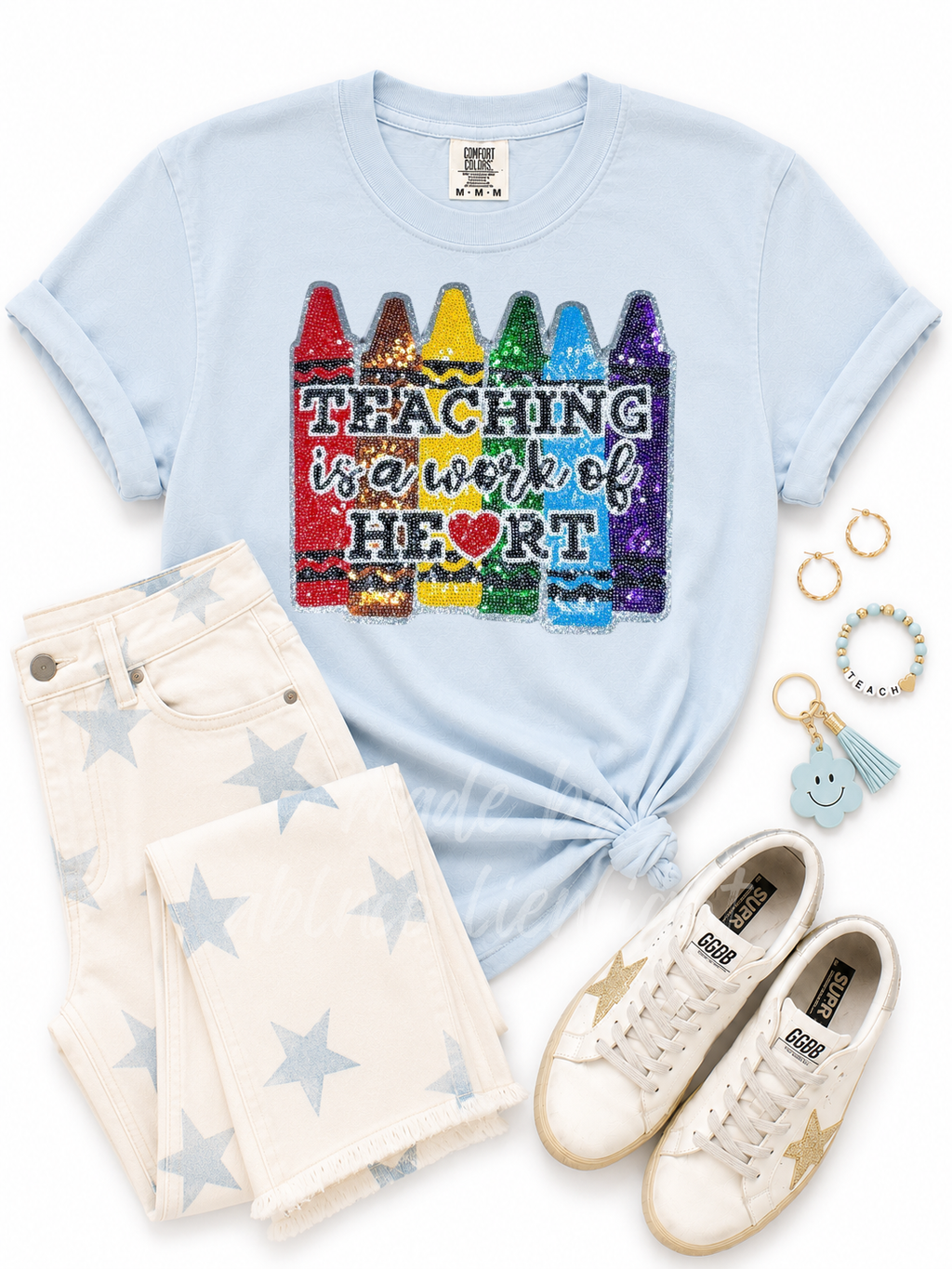 Teaching Is a Work Of Heart Teacher Sequin Patch Tshirt