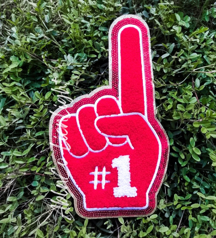 Red Game Day Foam Finger Chenille Patch - Large