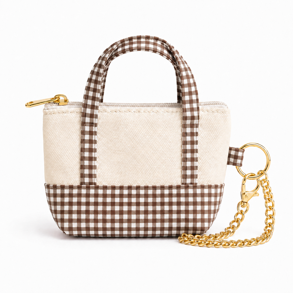 Brown Gingham Mini Tote Bag Keychain | Zippered Purse Charm & Pouch