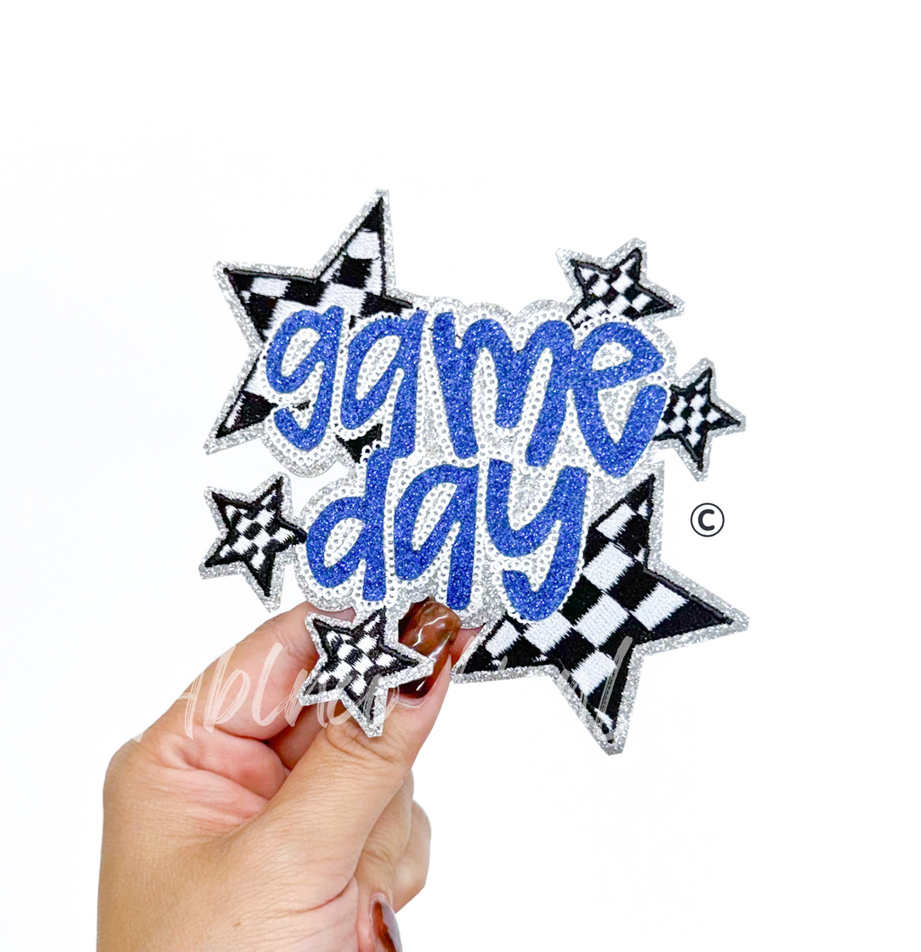 Royal Blue Game Day Checkered Star Sequin Glitter Patch