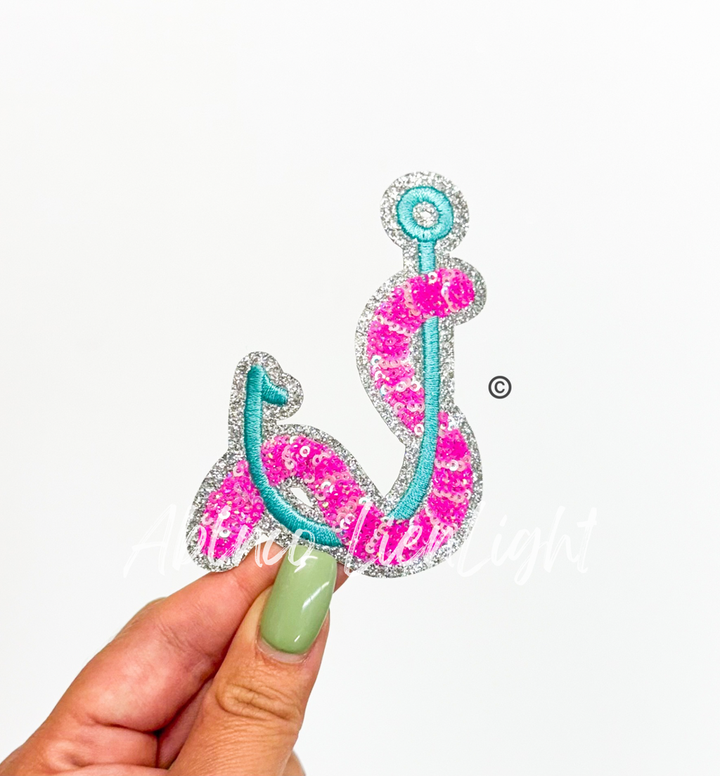 Worm Hook Fishing Pink Sequin Patch