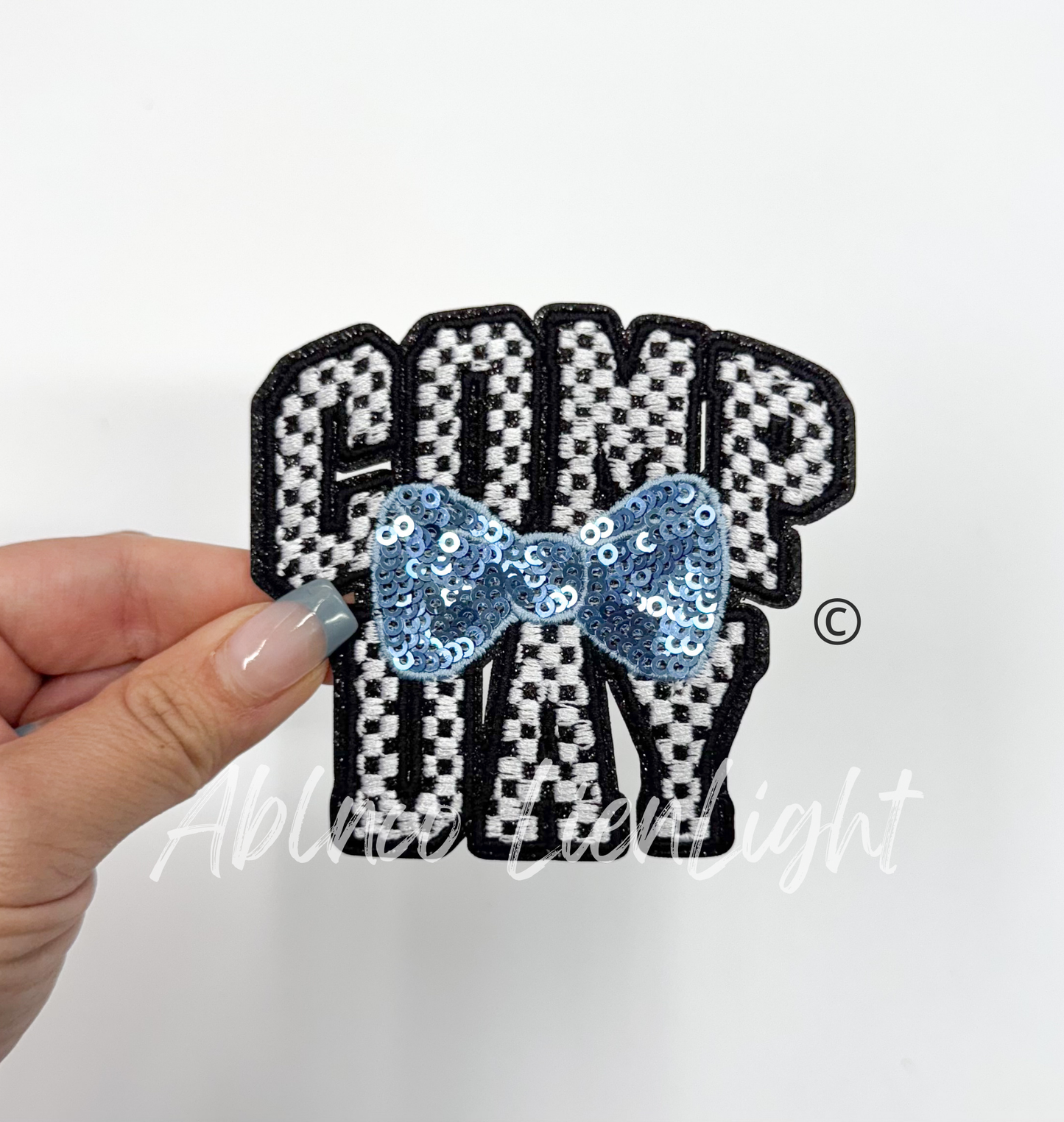 Checkered Comp Day Sequins Light Blue Bow Embroidery Patch ©️