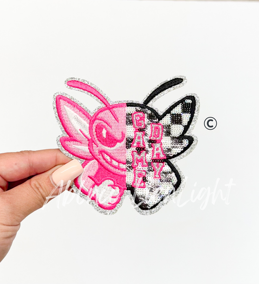 Preppy Pink Checkered Hornet Mascot Game Day Sequin Patch - Small