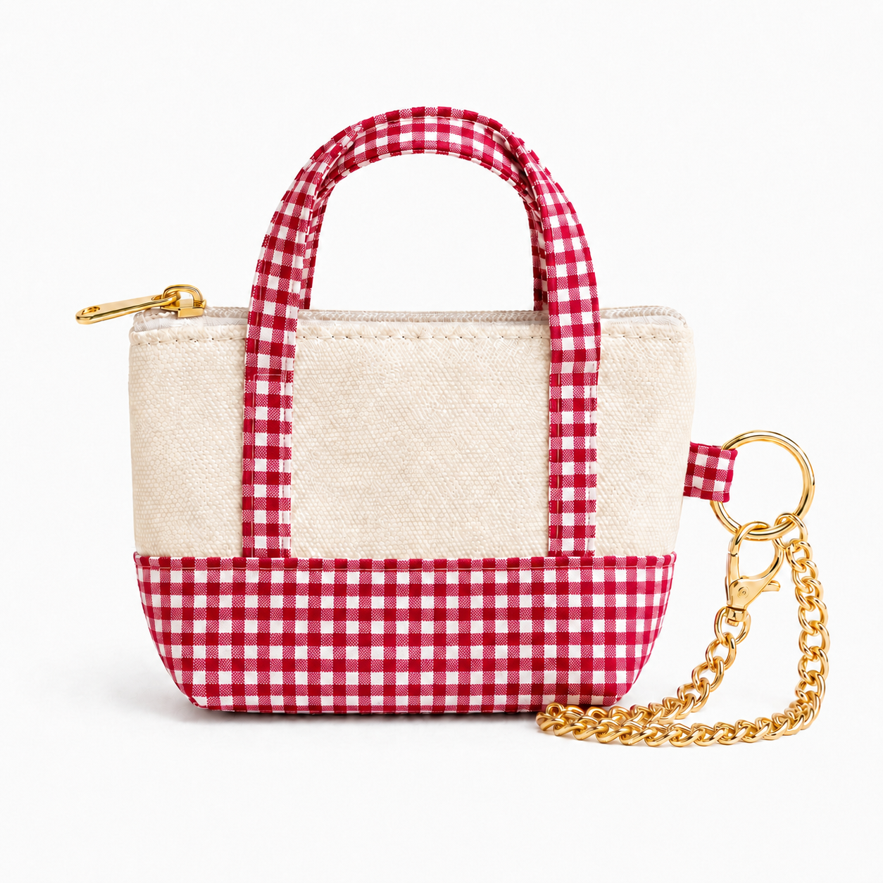 Red Gingham Mini Tote Bag Keychain | Zippered Purse Charm & Pouch