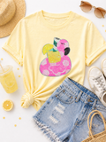 Pink Flamingo Drink Float Summer Sequin Patch Tshirt
