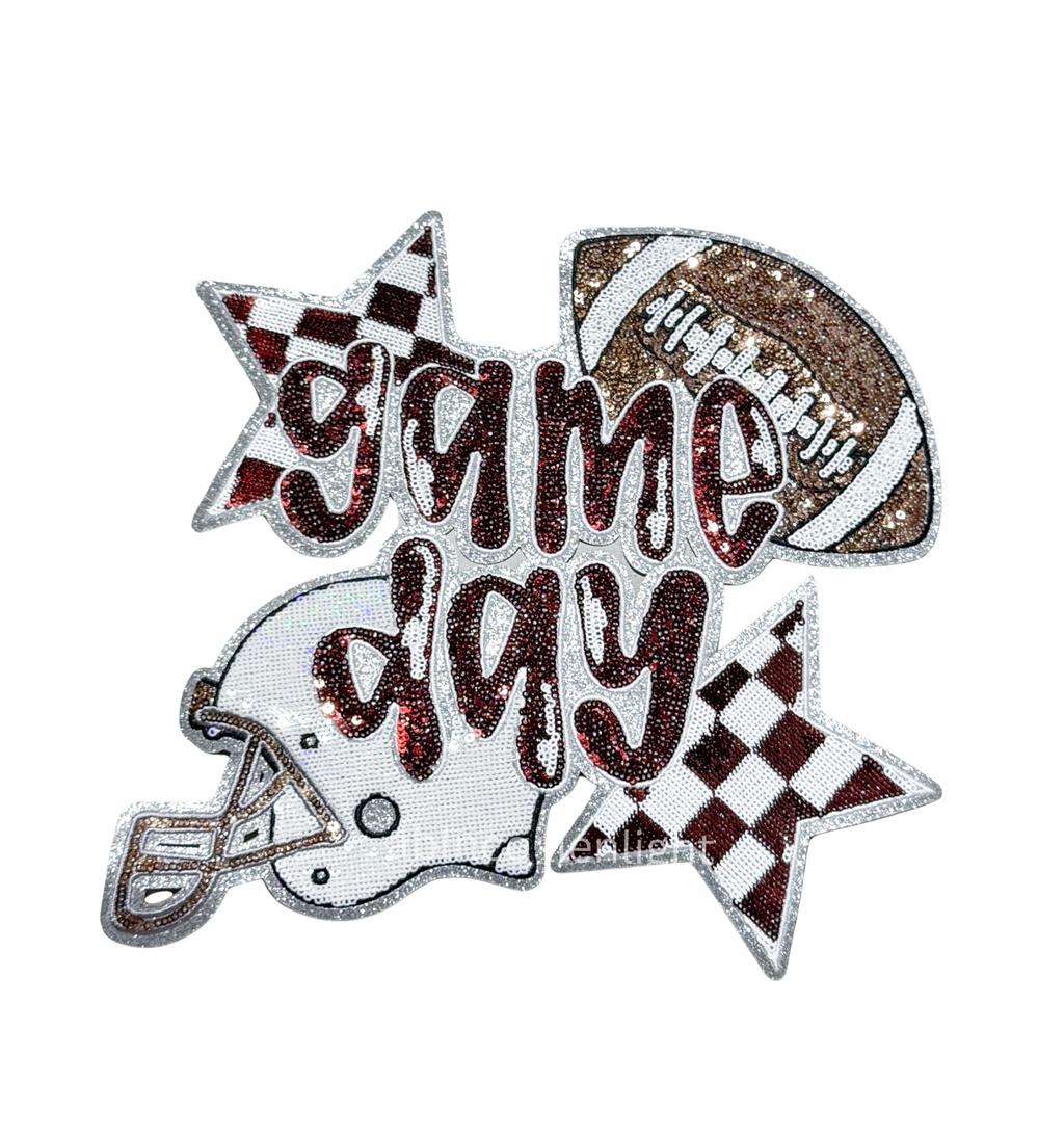 Maroon Game Day Checkered Football Sequin Patch - Large