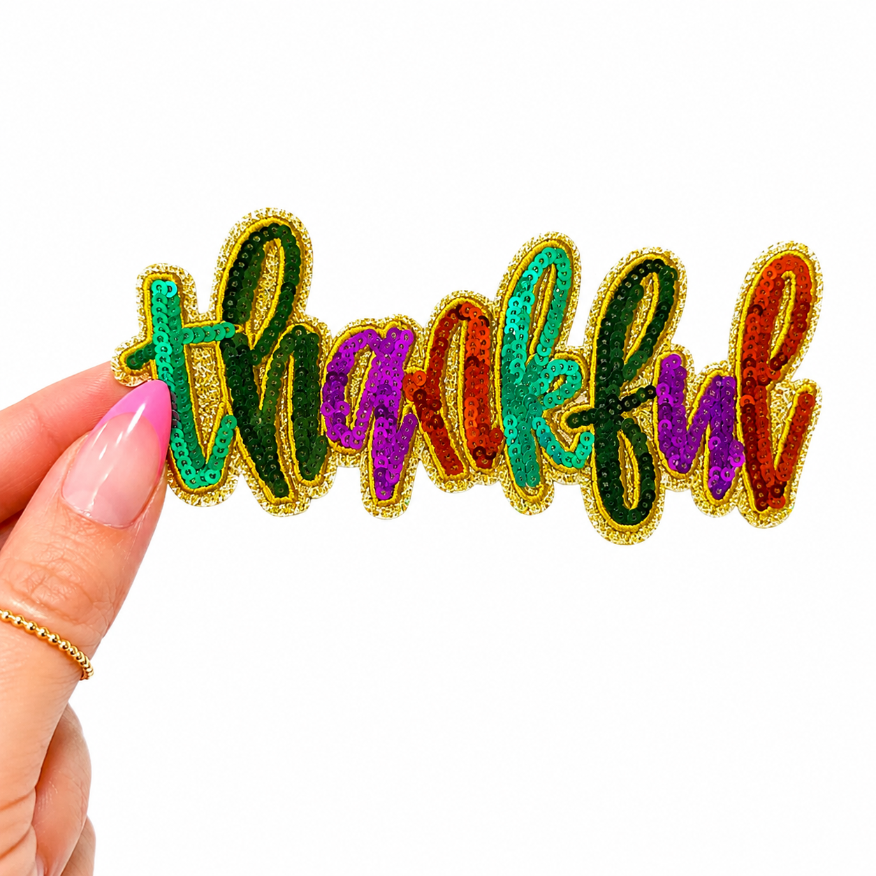 Colorful Thankful Thanksgiving Fall Sequin Patch - Small