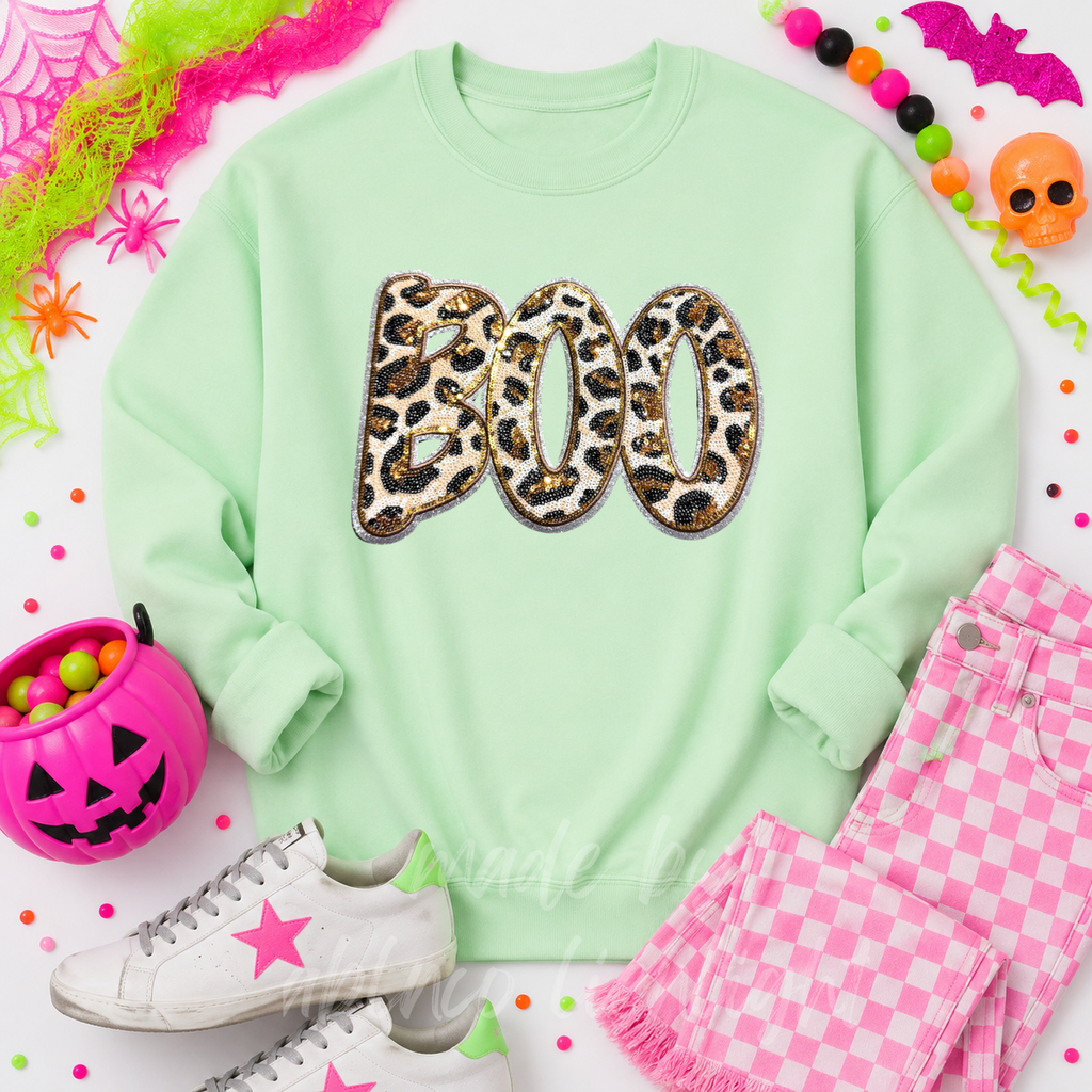 Cheetah Print Boo Halloween Sequin Patch Sweatshirt