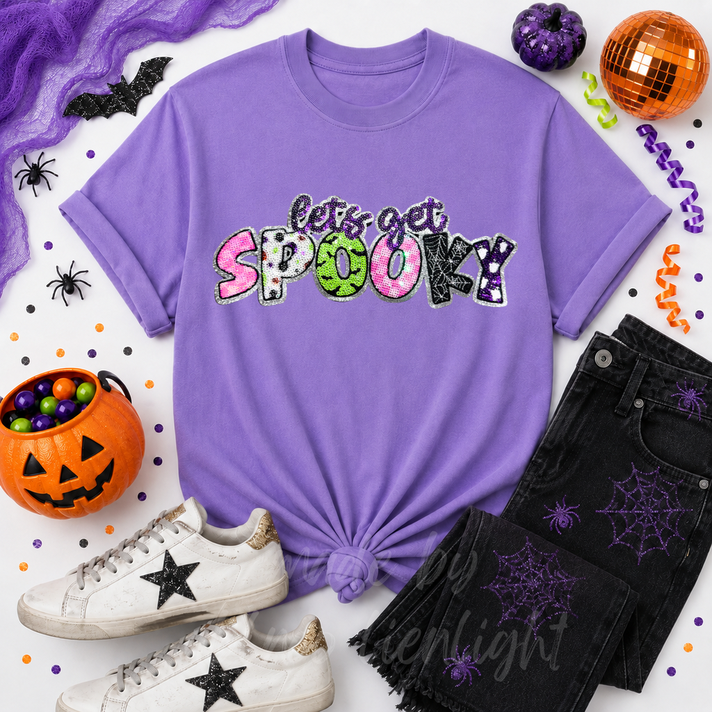 Lets Get Spooky Halloween Sequin Patch Tshirt