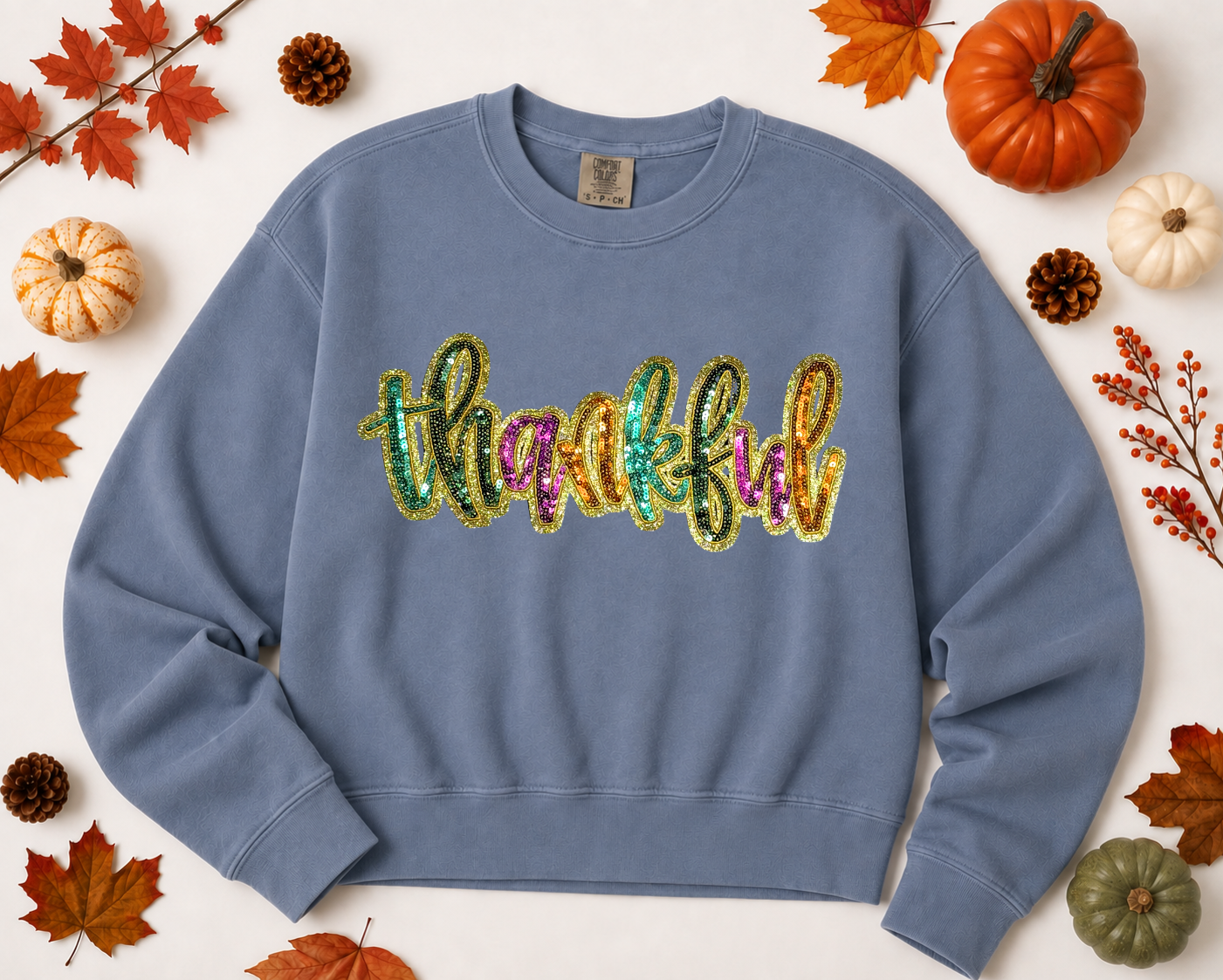 Colorful Thankful Thanksgiving Fall Sequin Patch Mid Length Sweatshirt