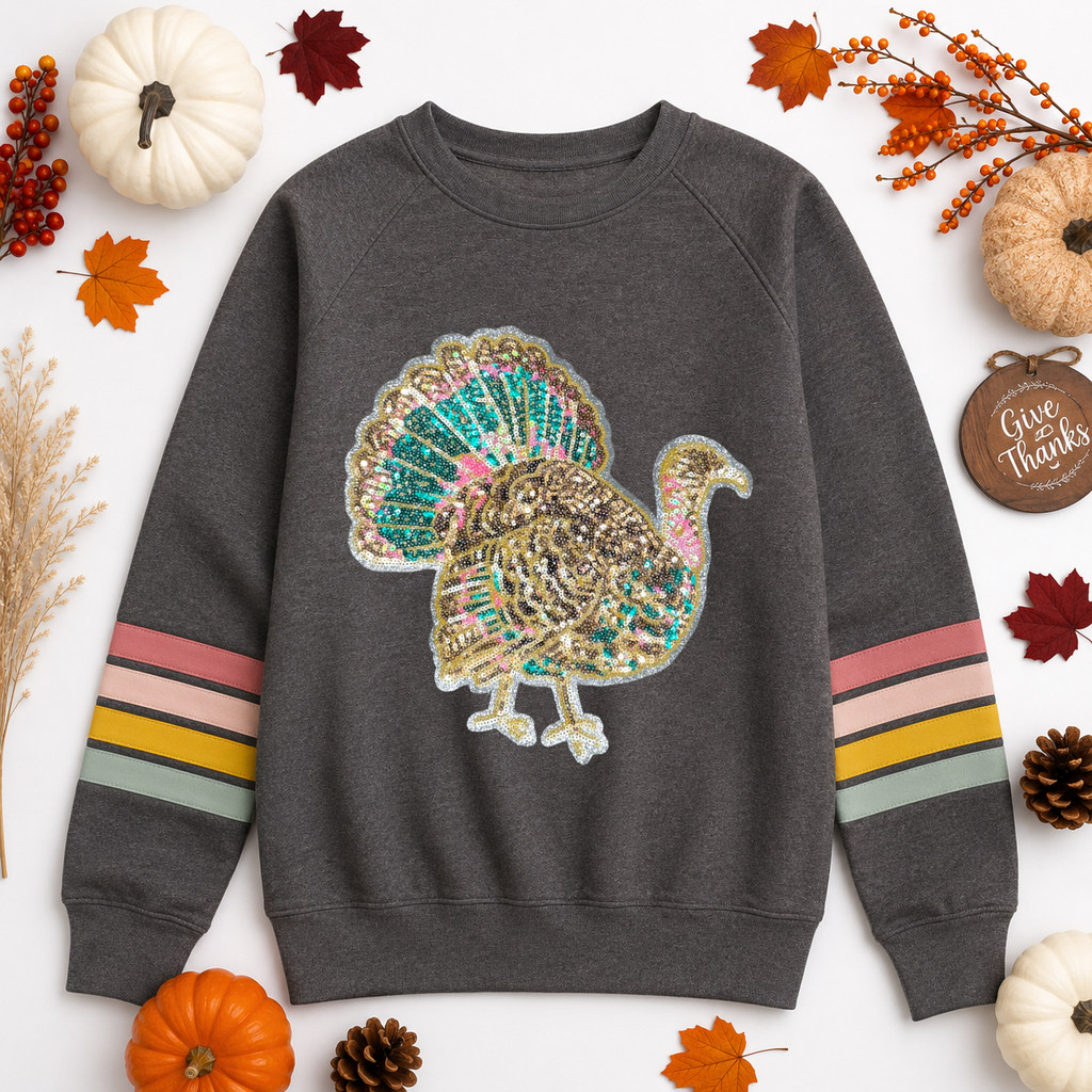 Colorful Turkey Thanksgiving Fall Sequin Patch Striped Sweatshirt