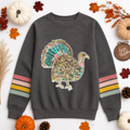 Colorful Turkey Thanksgiving Fall Sequin Patch Striped Sweatshirt