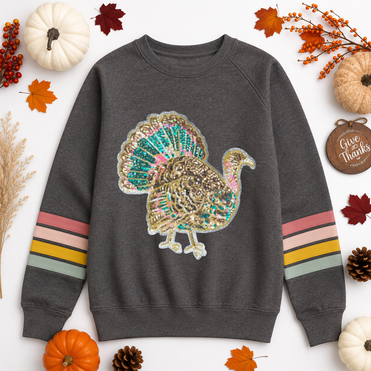 Colorful Turkey Thanksgiving Fall Sequin Patch Sweatshirt