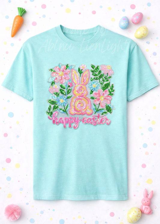 Floral Bunny Happy Easter Sequin Patch Tshirt