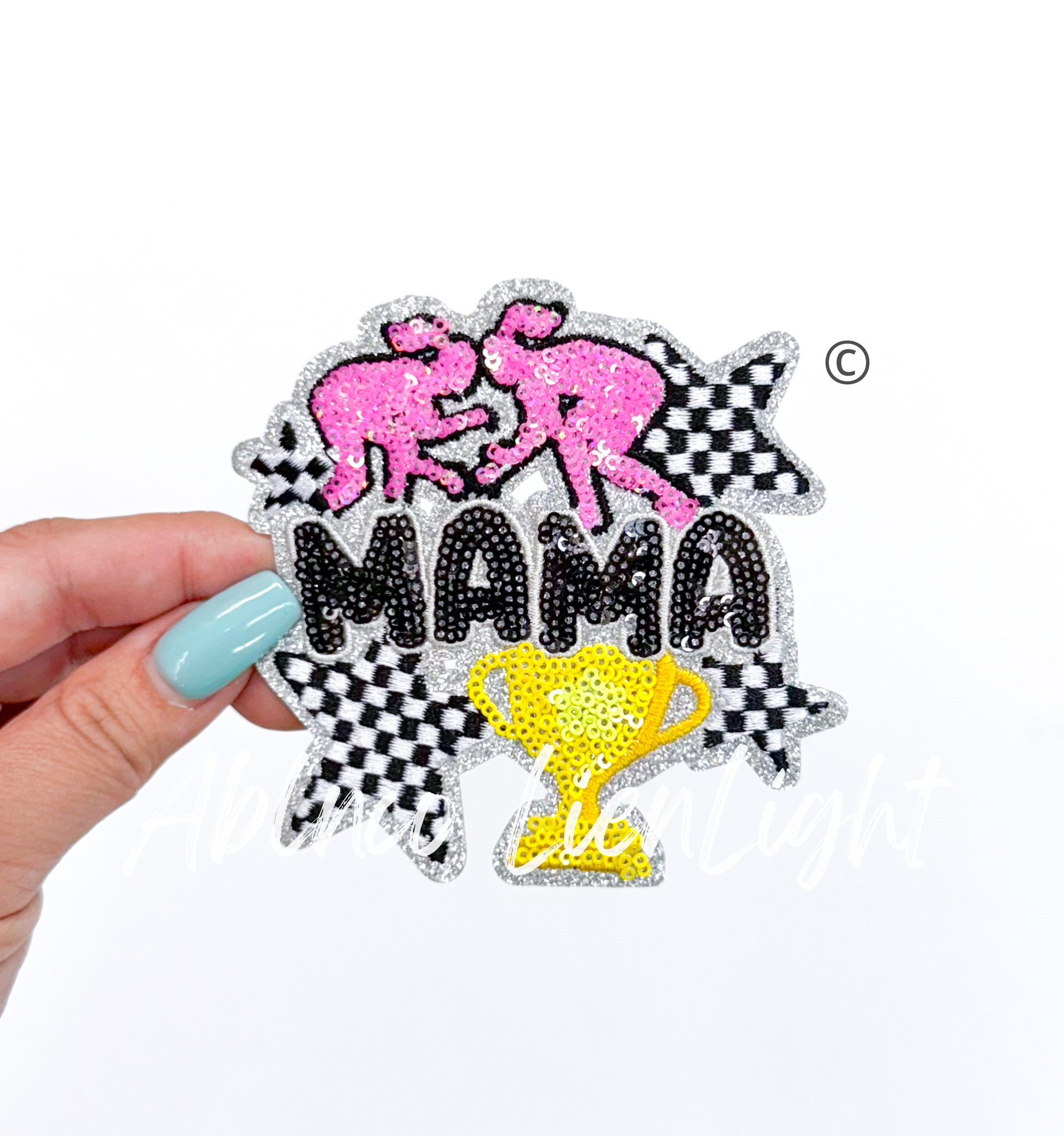 Wrestling Mama Checkered Star Sequin Patch - Small ( Pink )