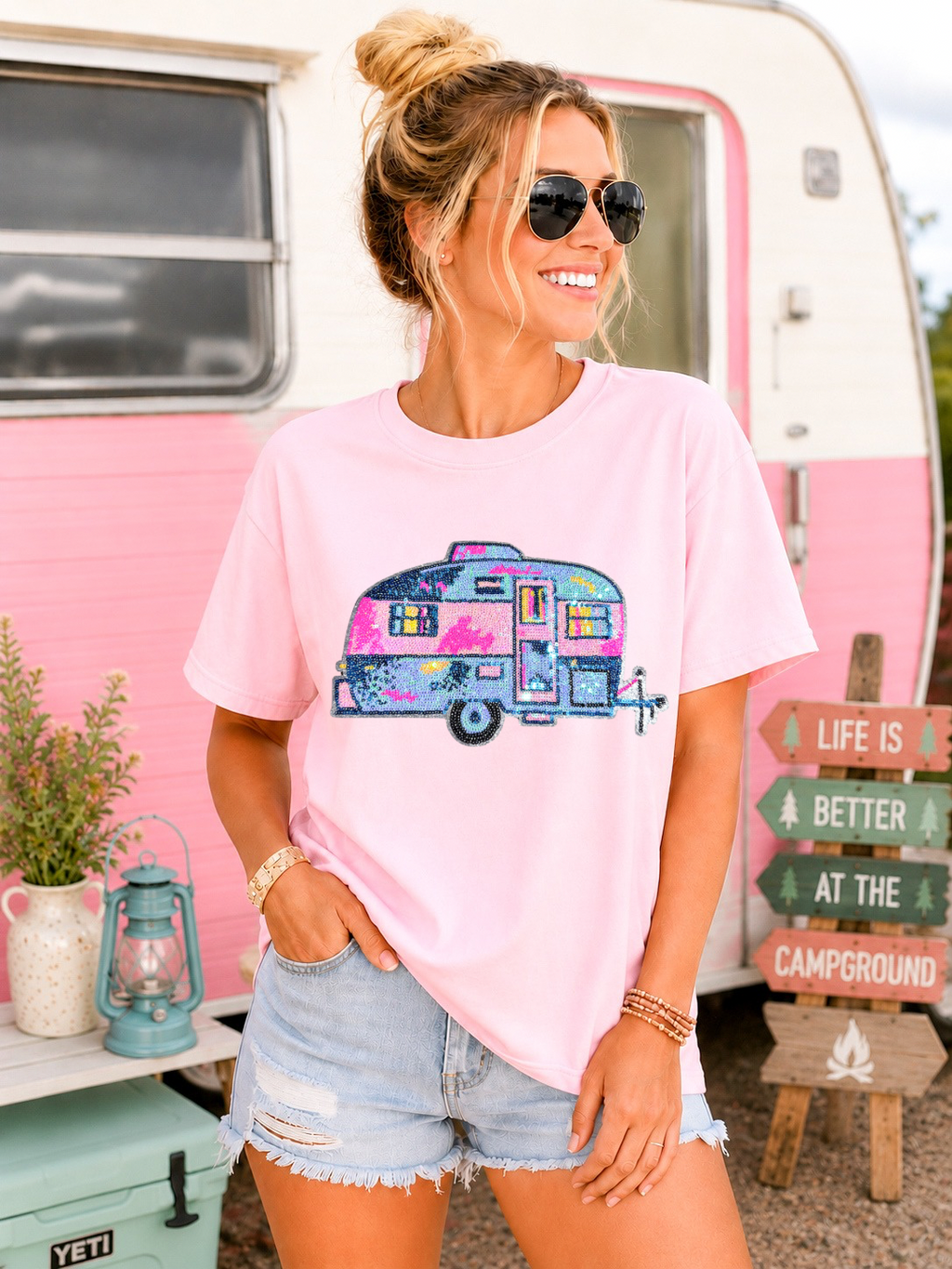 Trailer Camper Camping Pink Sequin Patch Tshirt