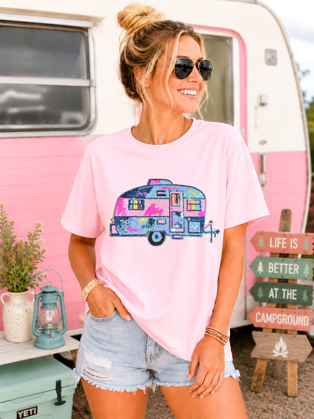 Trailer Camper Camping Pink Sequin Patch Tshirt