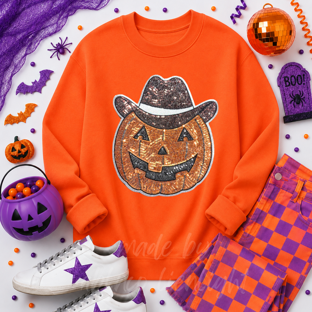 Cowboy Pumpkin Halloween Sequin Patch Sweatshirt