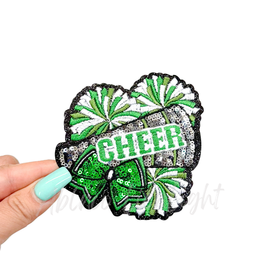 Green Cheer Bow Megaphone Poms Sequin Patch - Small
