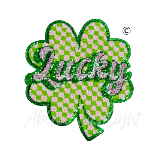 Lucky Checkered Clover St Patricks Day Sequin Chenille Patch - Large