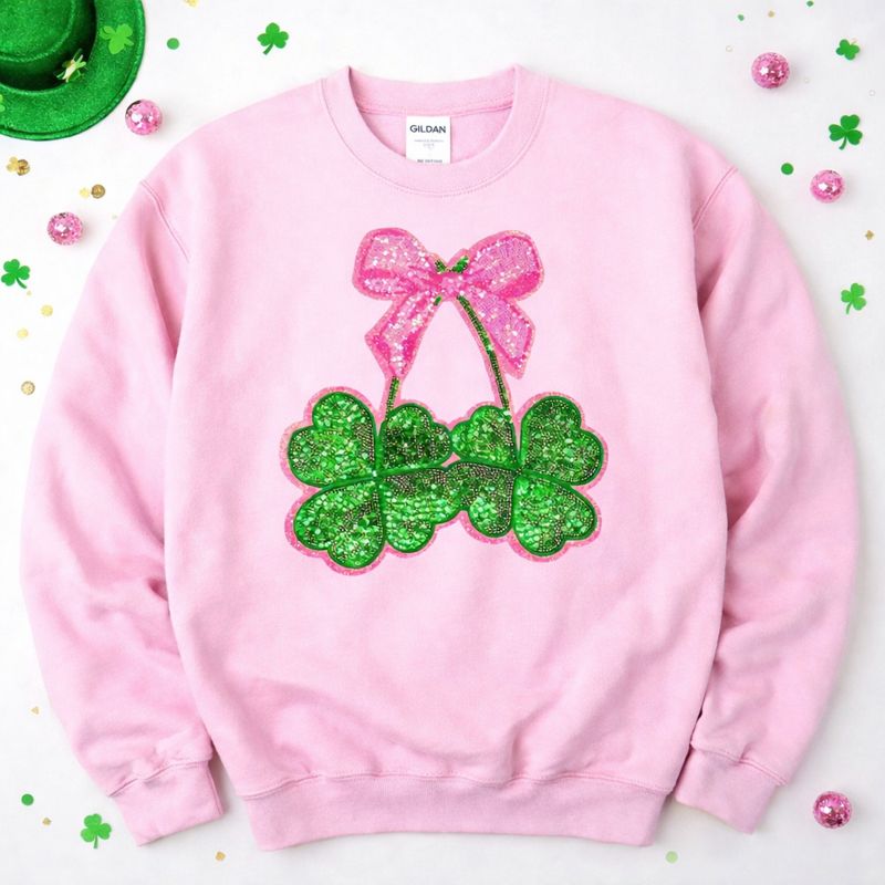 Pink Clover Bow St Patricks Day Sequin Patch Sweatshirt
