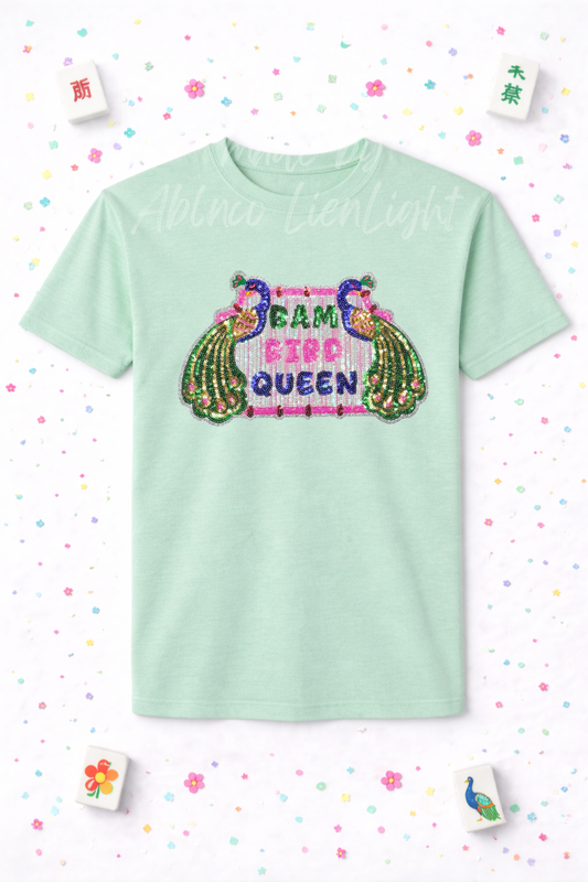 Bam Bird Queen Peacocks Mahjong Sequin Patch Tshirt