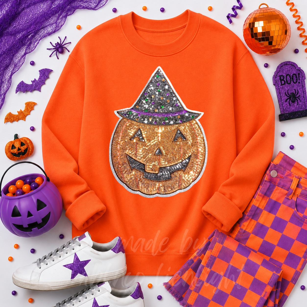 Witchy Pumpkin Halloween Sequin Patch Sweatshirt