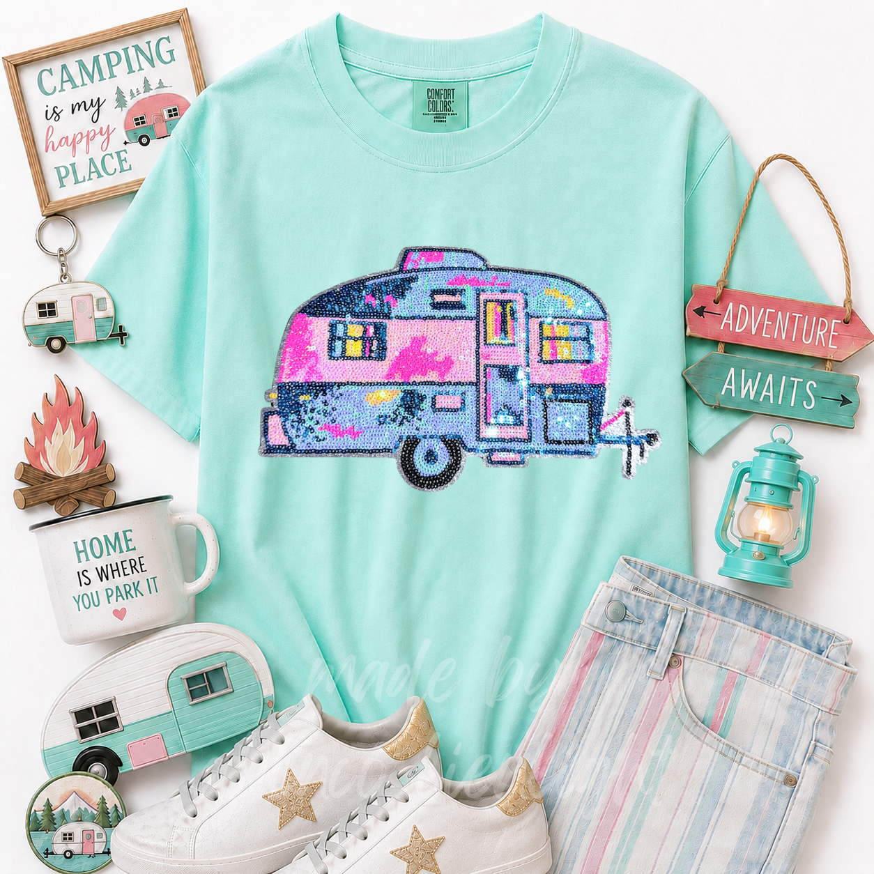 Trailer Camper Camping Pink Sequin Patch Tshirt