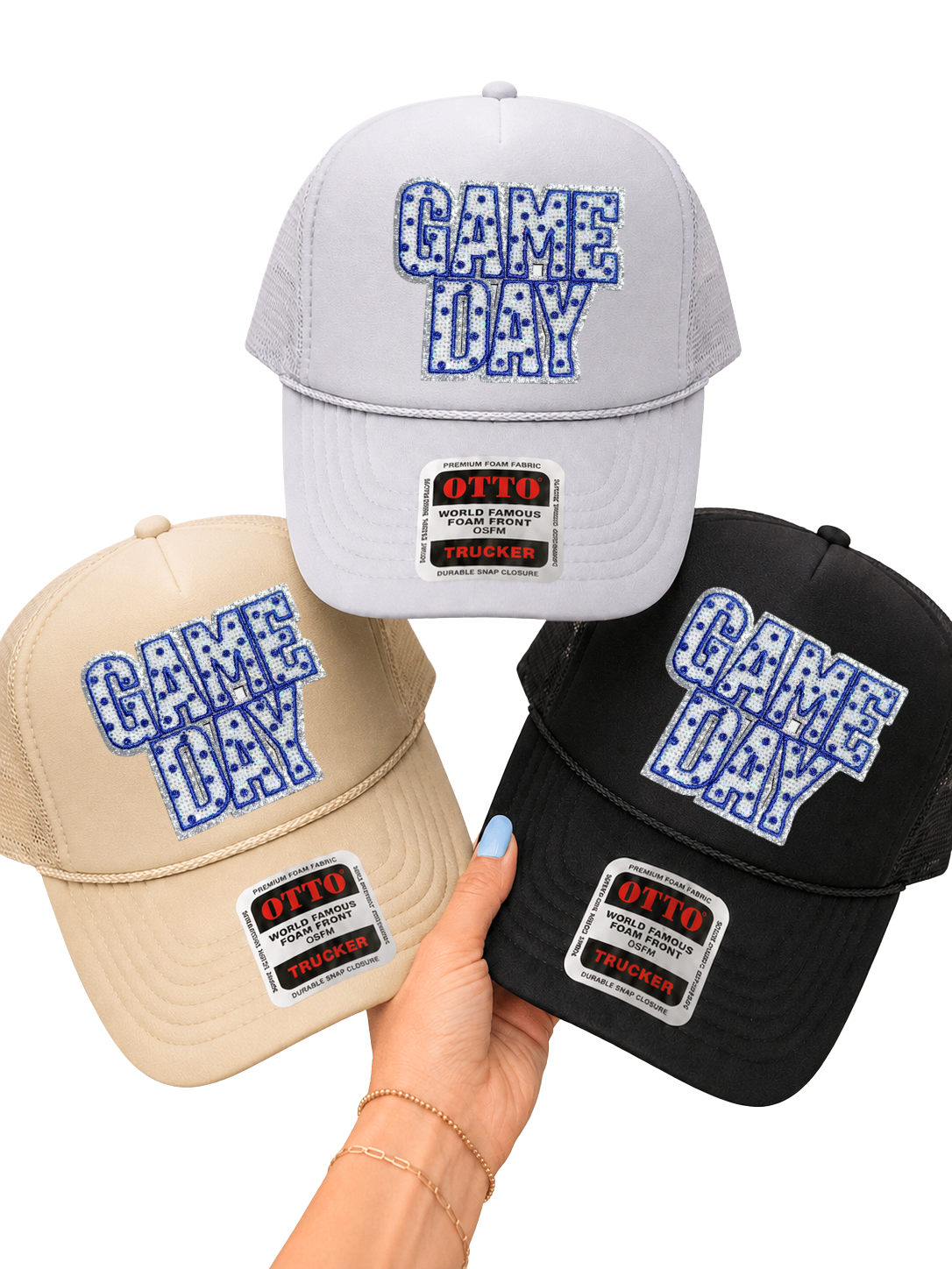 Royal Blue Polka Dots Game Day Sequin Patch Otto Trucker Hat