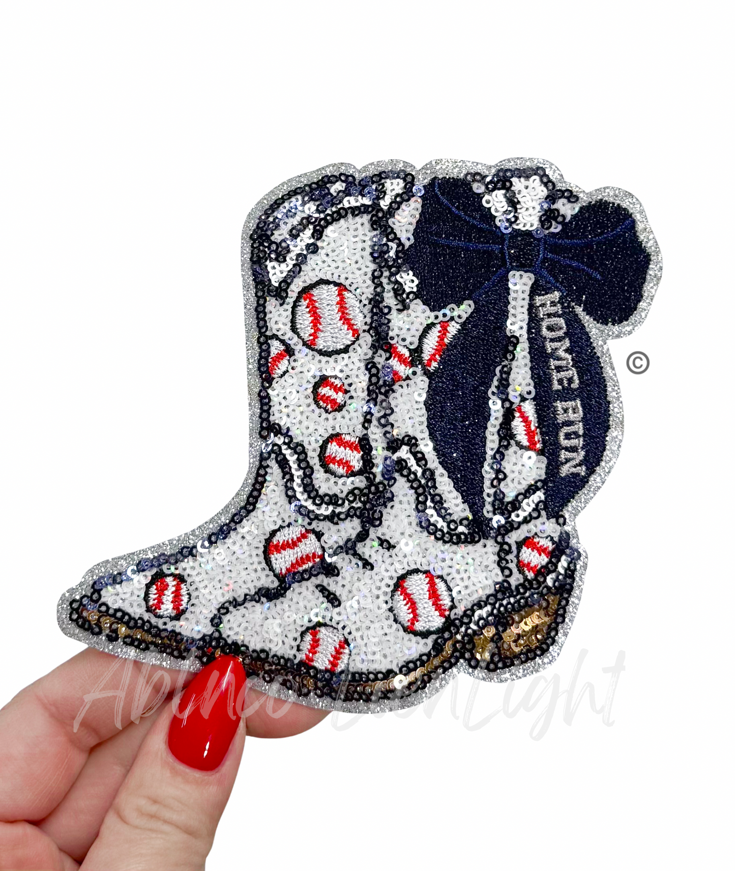 Baseball Homerun Star Navy Bow Boots Sequin Patch - Small