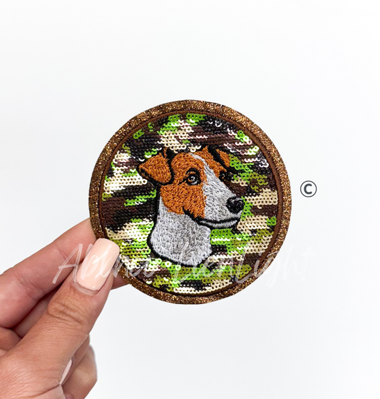 Jack Russell Terrier Dog Hunting Camo Sequin Patch