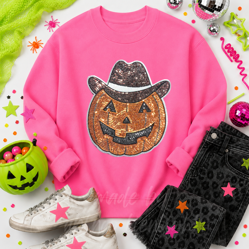 Cowboy Pumpkin Halloween Sequin Patch Sweatshirt