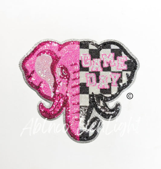 Preppy Pink Checkered Elephant Mascot Game Day Sequin Patch
