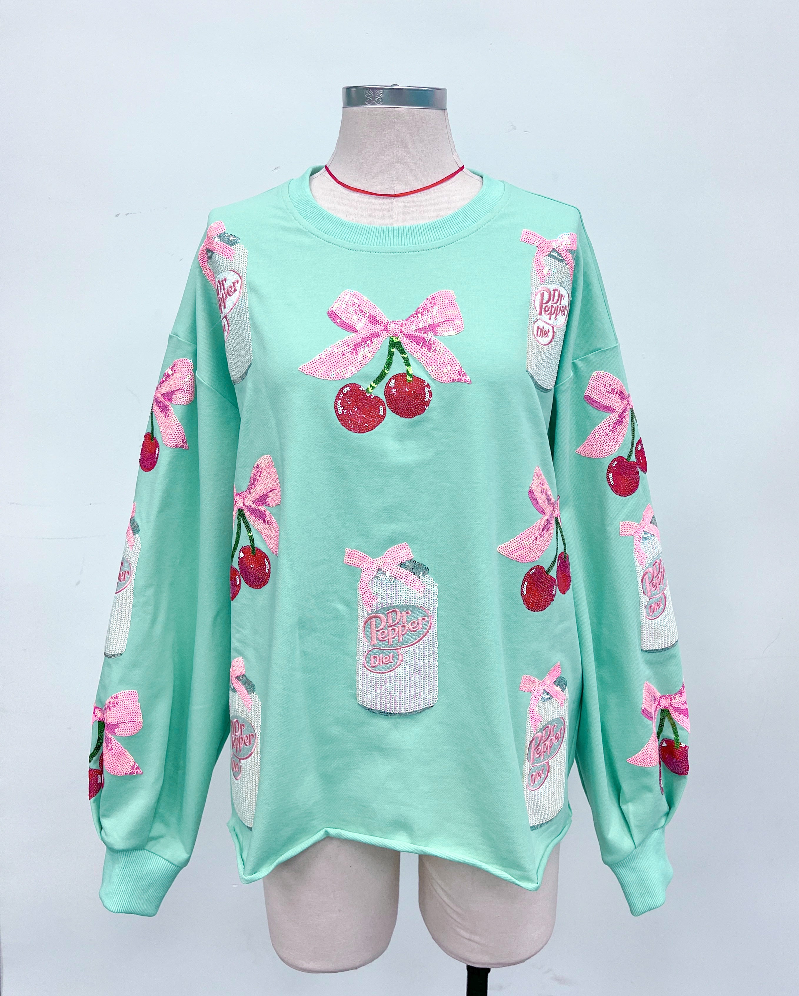 Sparkles Sequins Diet Dr. Pepper Cherries Pink Bow Mint Sweatshirt