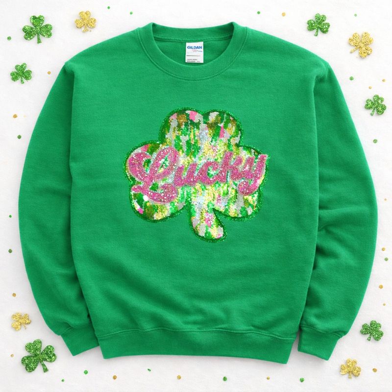 Colorful Pink Lucky Clover St Patricks Day Sequin Patch Sweatshirt