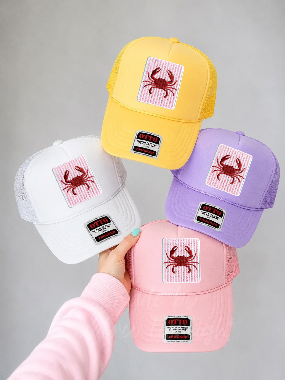 Pink Striped Crab Summer Embroidery Patch Otto Trucker Hat