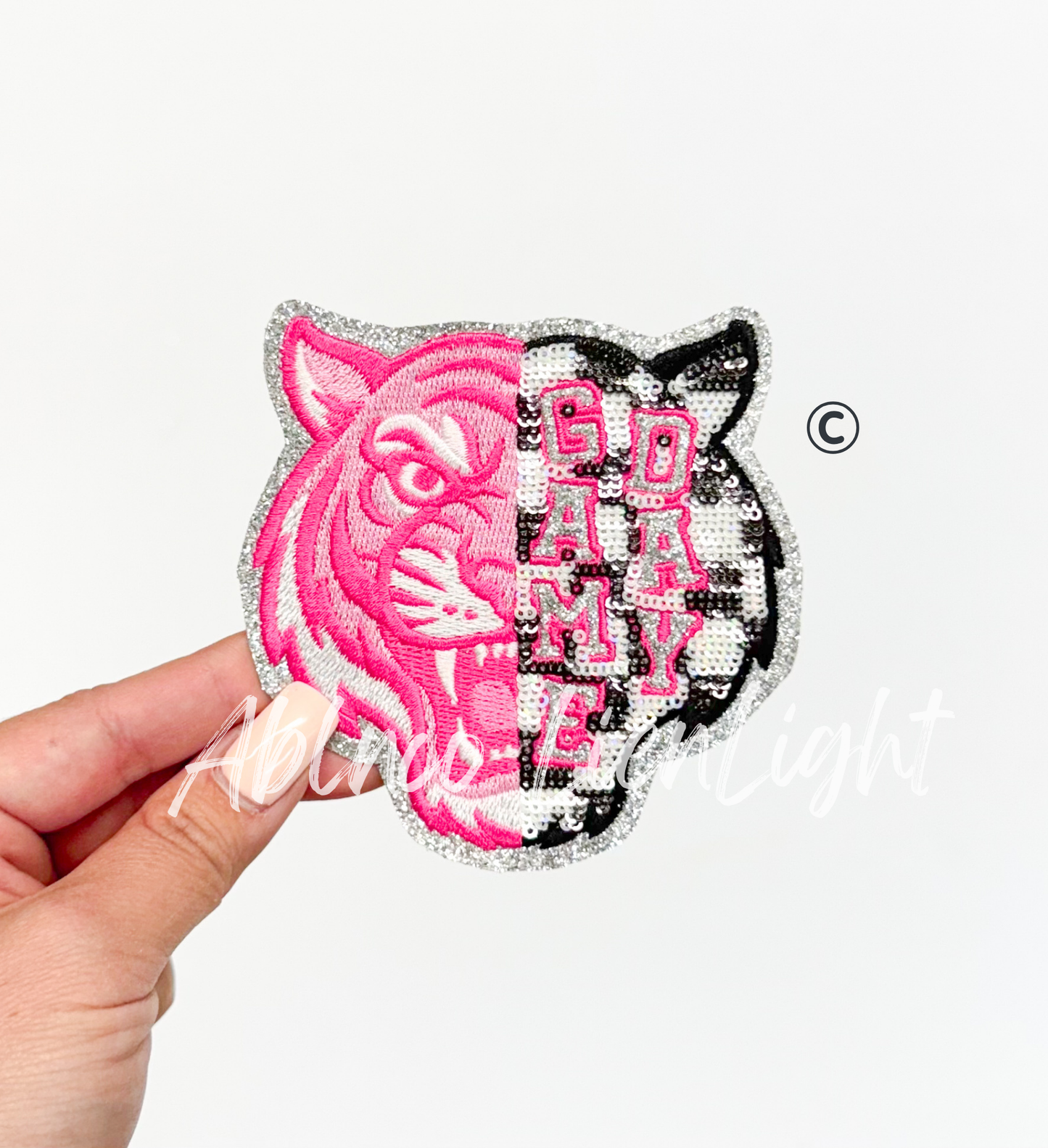 Preppy Pink Checkered Tiger Mascot Game Day Sequin Patch - Small