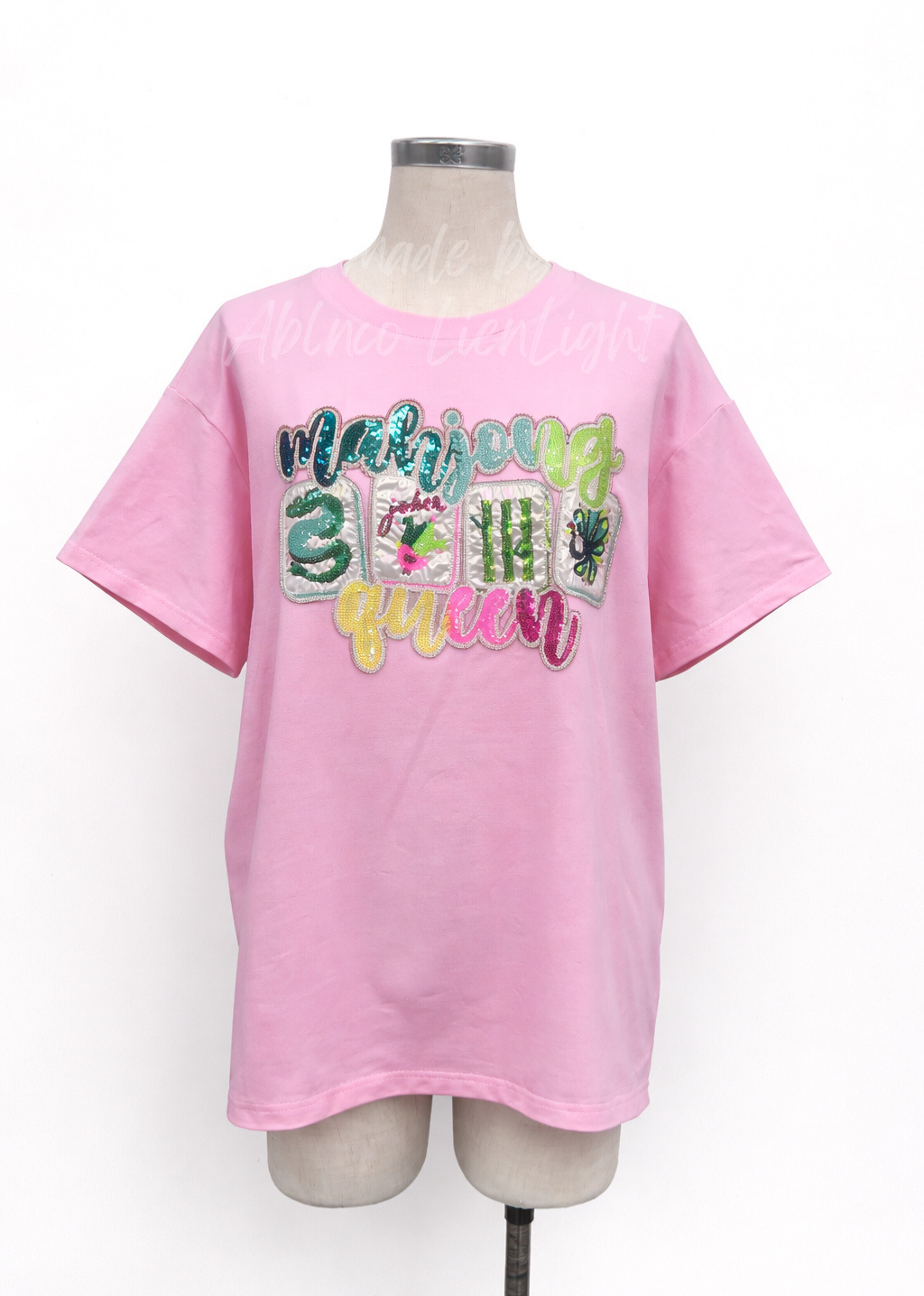 Colorful Mahjong Queen Beaded Real Sequins Pink Tshirt