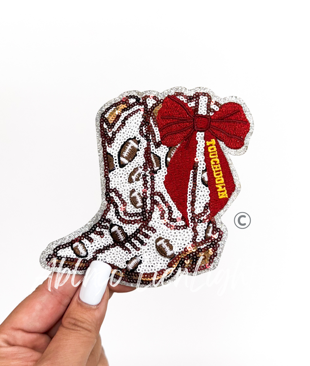Maroon Bow Boot Touchdown Football Sequin Patch - Small