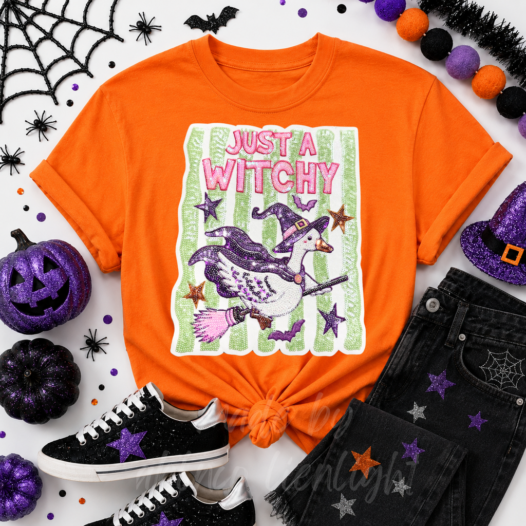 Just A Witchy Goose Halloween Sequin Patch Tshirt