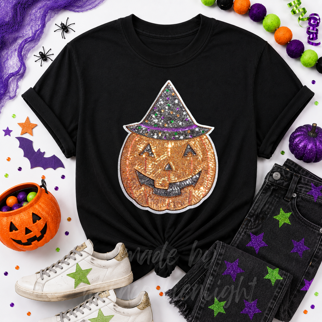 Witchy Pumpkin Halloween Sequin Patch Tshirt