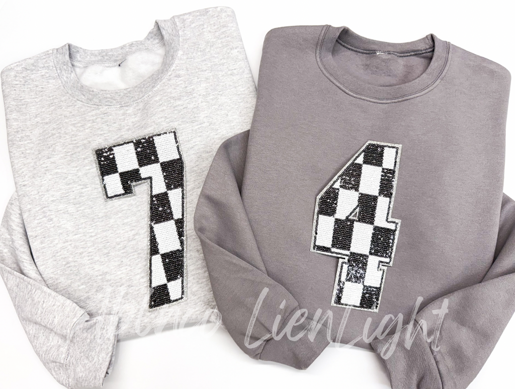 Sequin Black & White Checkered Numbers Patch - Large