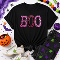 Pink Spider Web Boo Halloween Sequin Patch Tshirt