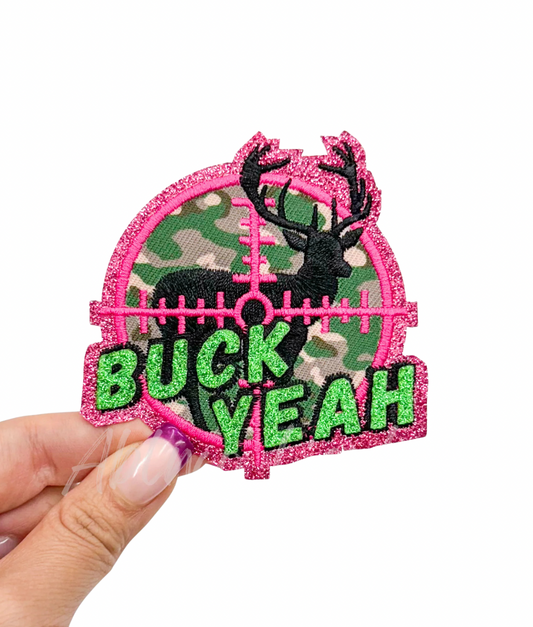 Buck Yeah Deer Hunting Camo Pink Glitter Embrodiery Patch©️