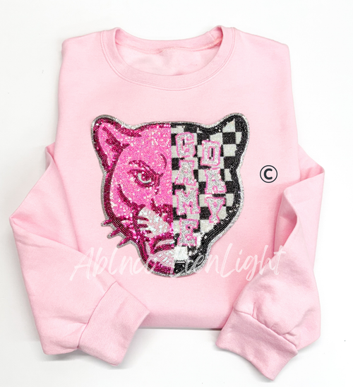 Cougar Panther Mascot Pink Checkered Sequin Patch - Large
