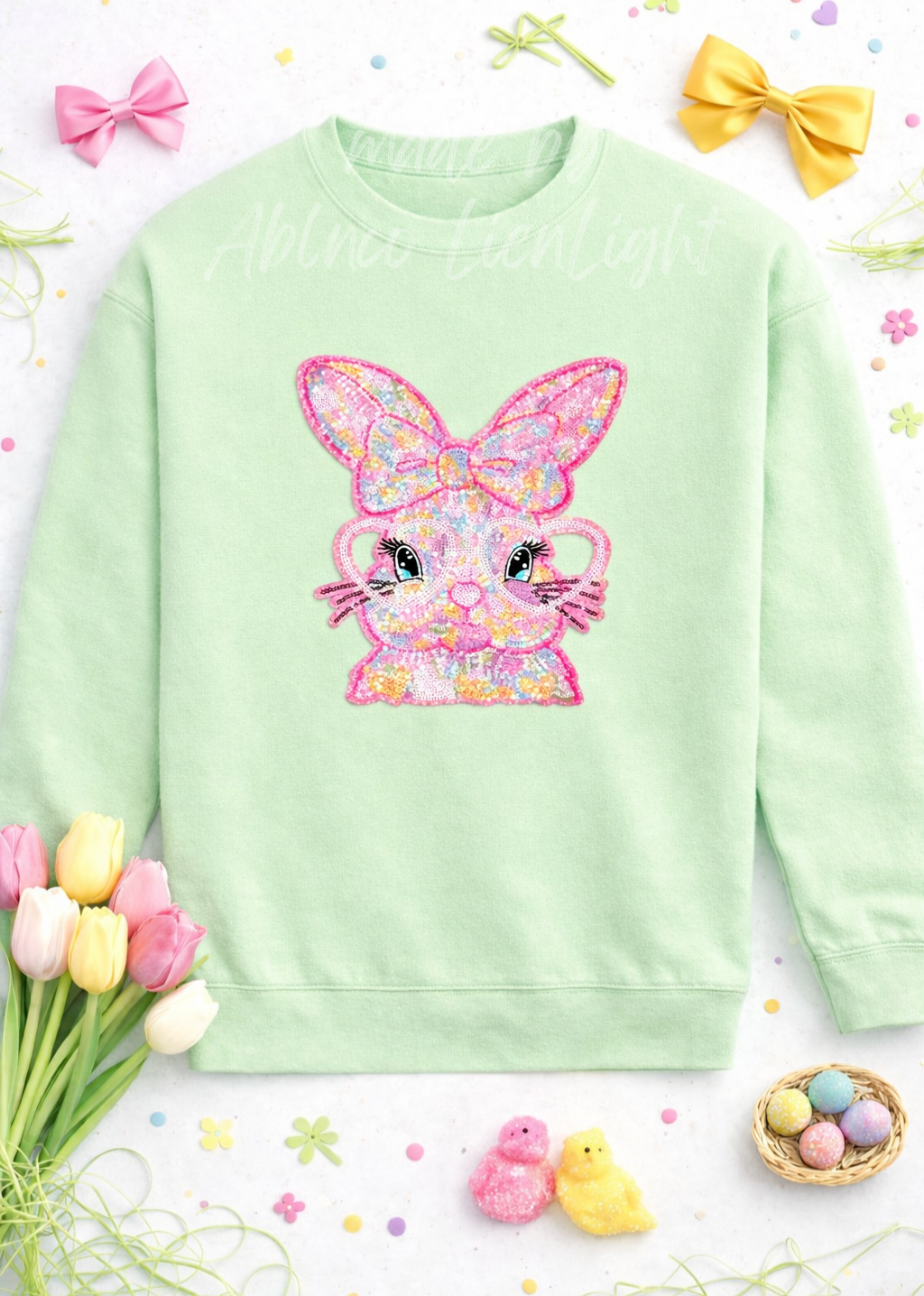 Pink Glasses Ombre Bunny Easter Sequin Patch Sweatshirt