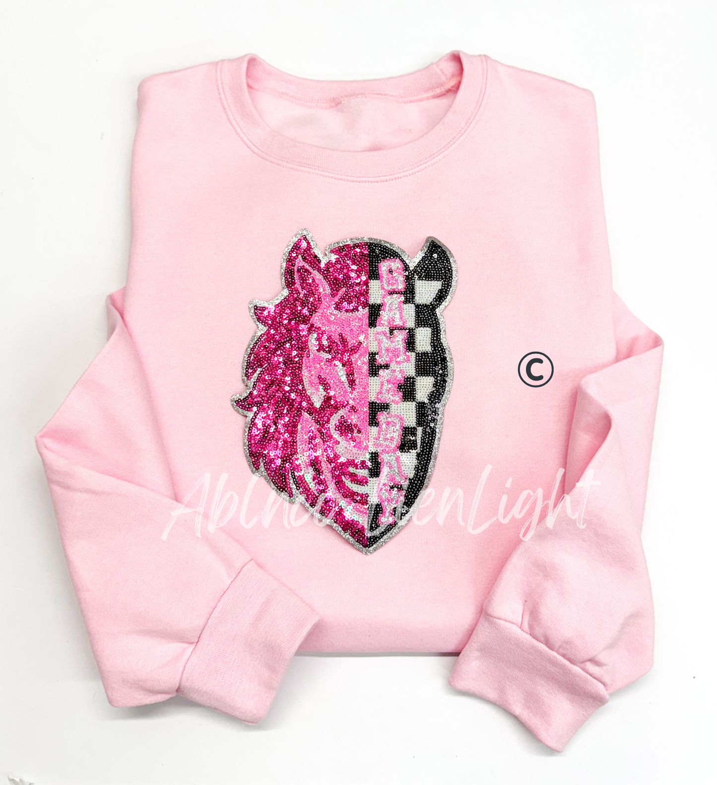 Preppy Pink Checkered Mustang Mascot Game Day Sequin Patch