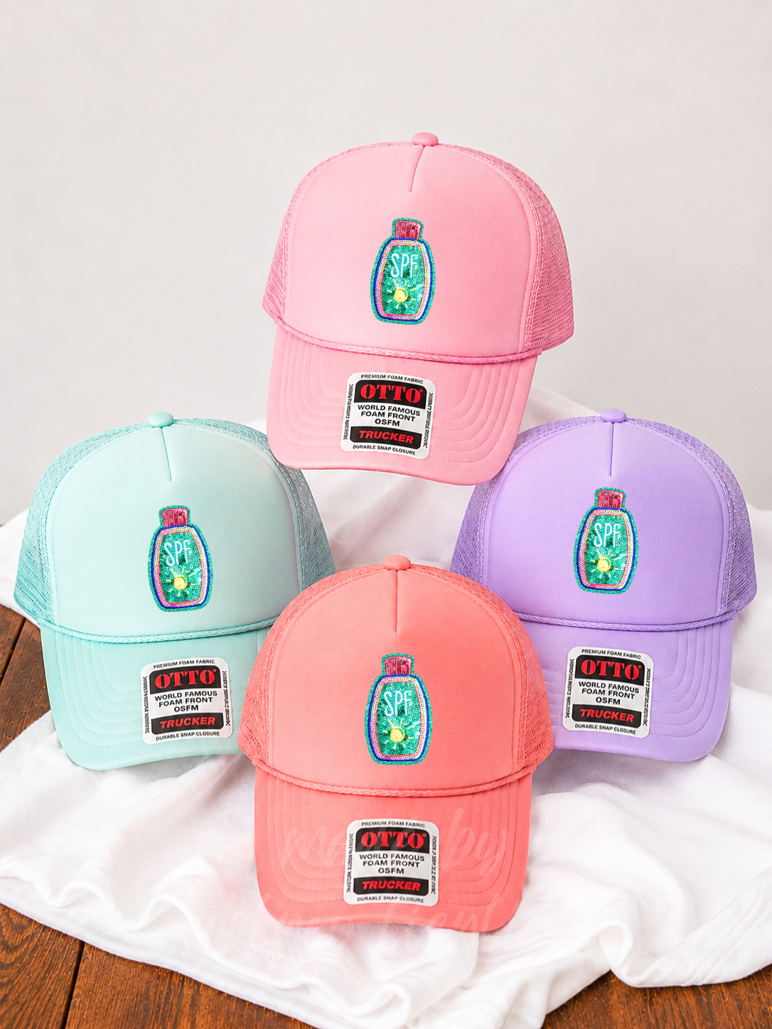 SPF Sunscreen Bottle Summer Patch Otto Trucker Hat